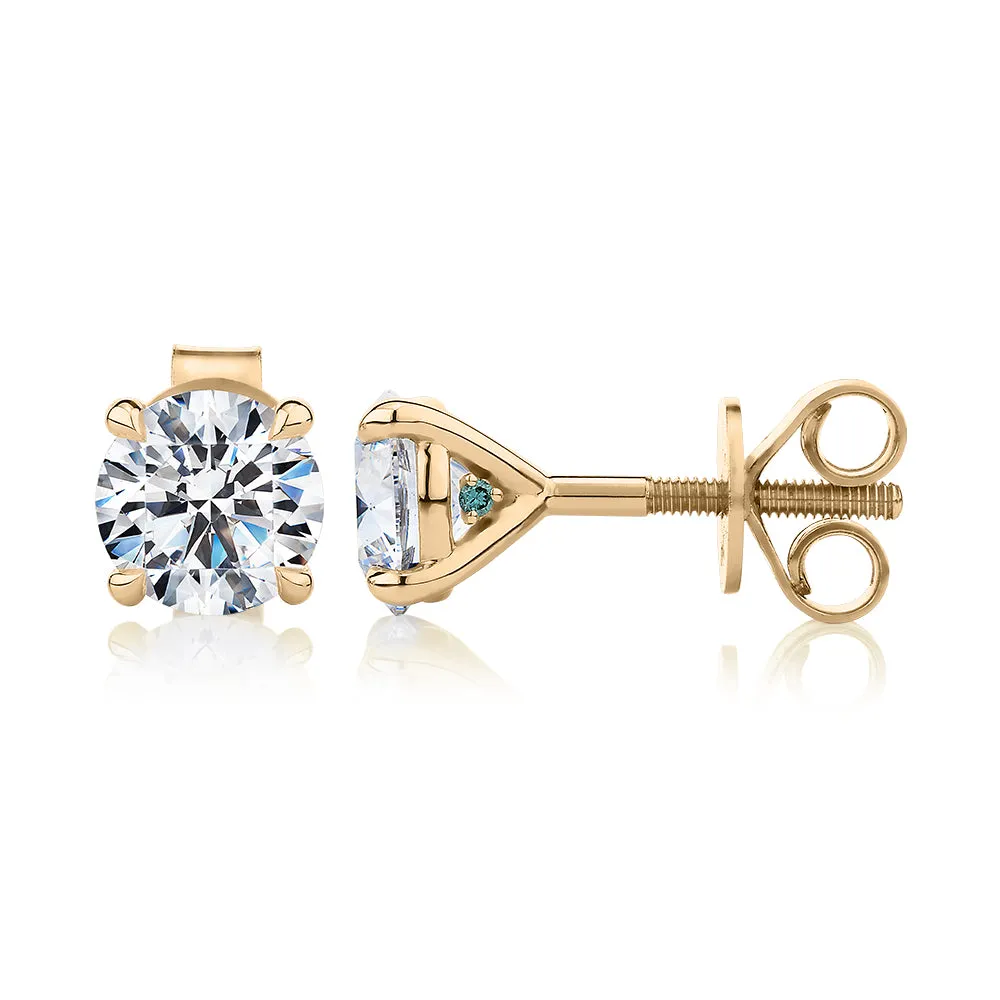 Premium Certified Lab-Grown Diamond, 2.00 carat TW round brilliant stud earrings in 14 carat yellow gold