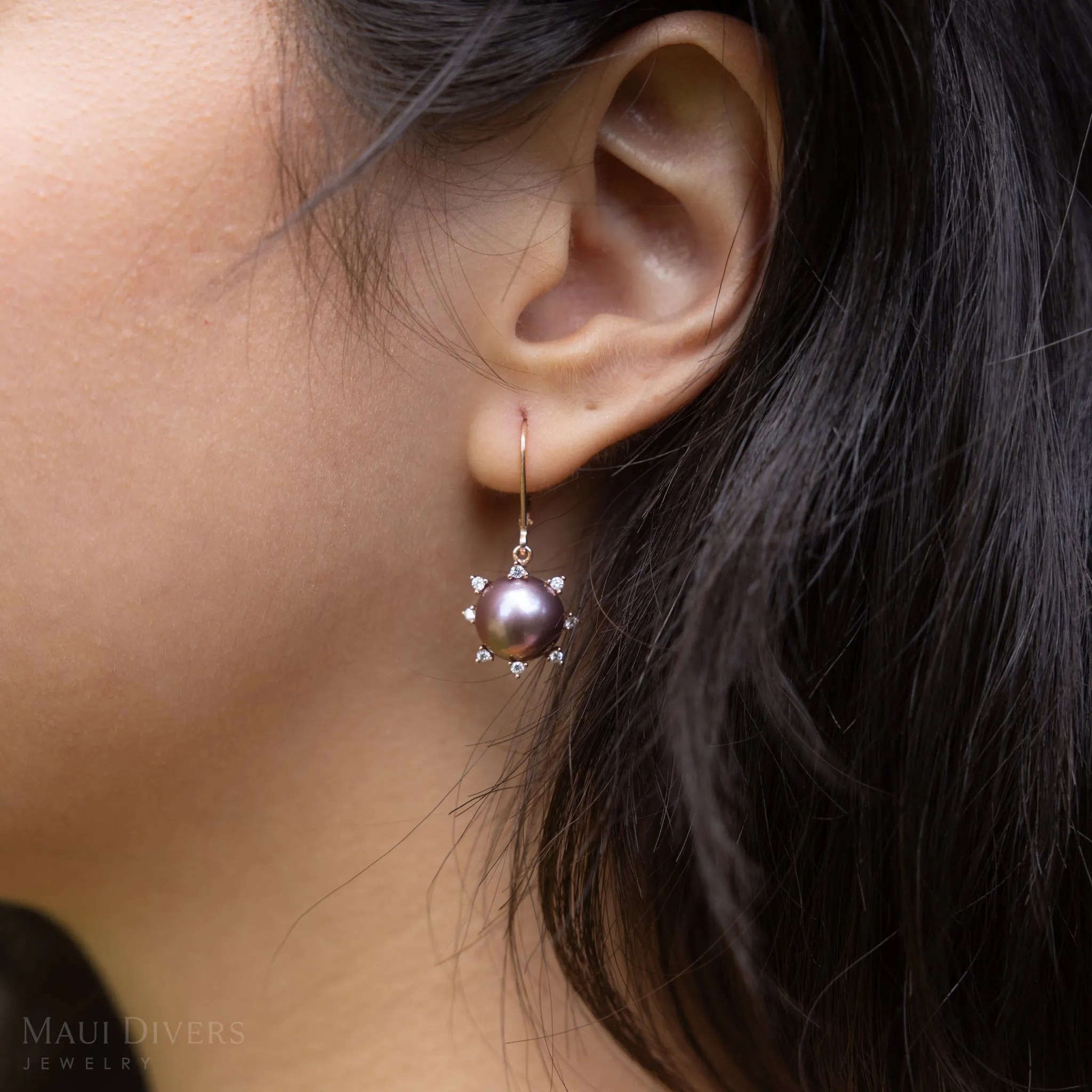 Protea Ultraviolet Freshwater Pearl Earrings in Rose Gold with Diamonds - 10-11mm