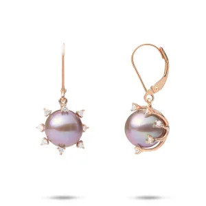 Protea Ultraviolet Freshwater Pearl Earrings in Rose Gold with Diamonds - 10-11mm