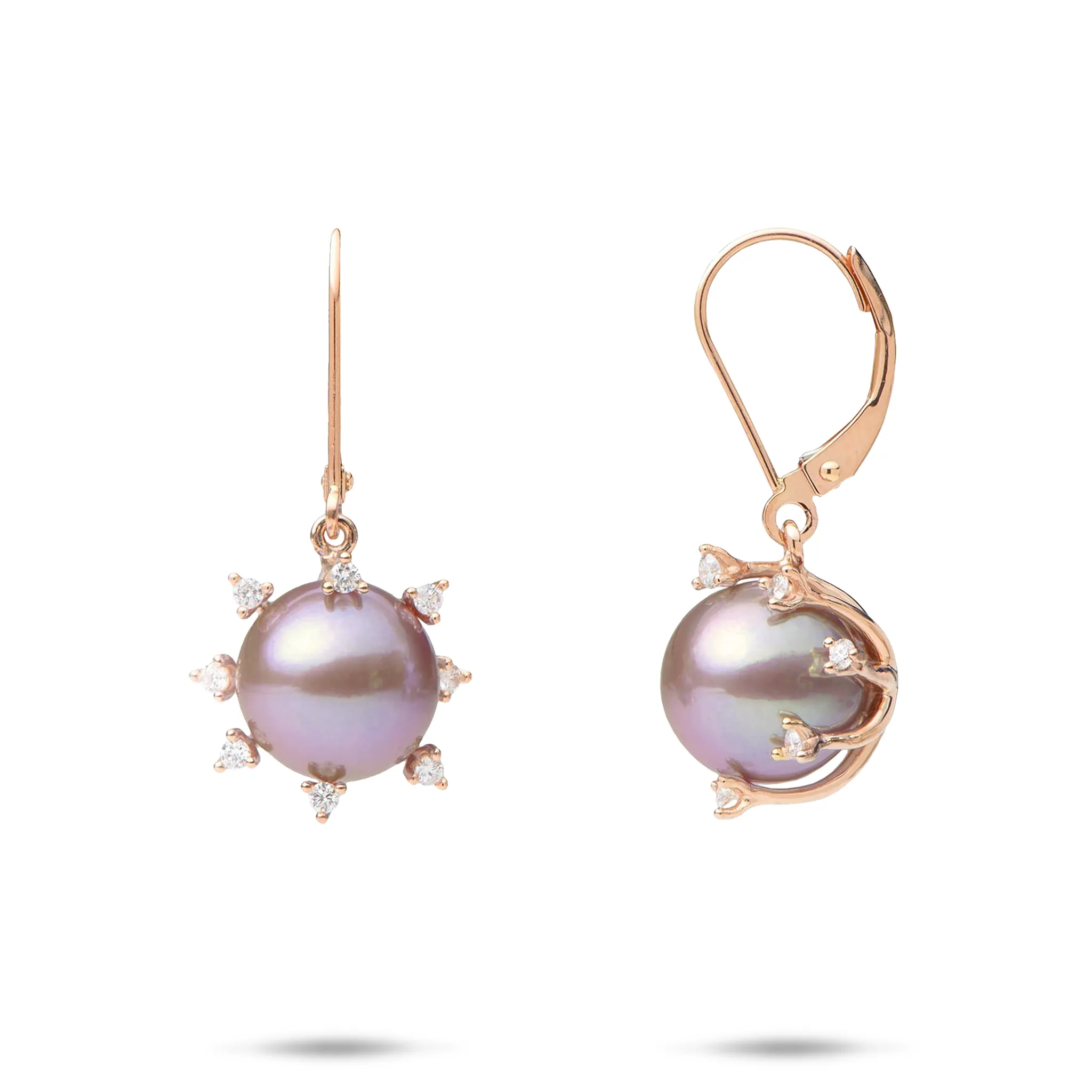 Protea Ultraviolet Freshwater Pearl Earrings in Rose Gold with Diamonds - 10-11mm