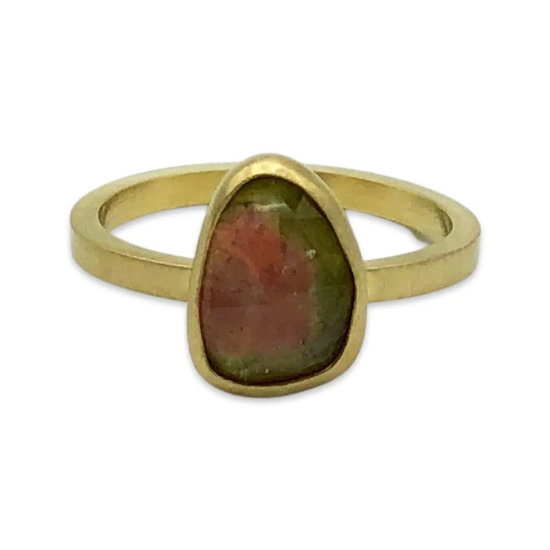 Rose Cut Brazilian Watermelon Tourmaline Set Ring in Solid 18k Yellow Gold