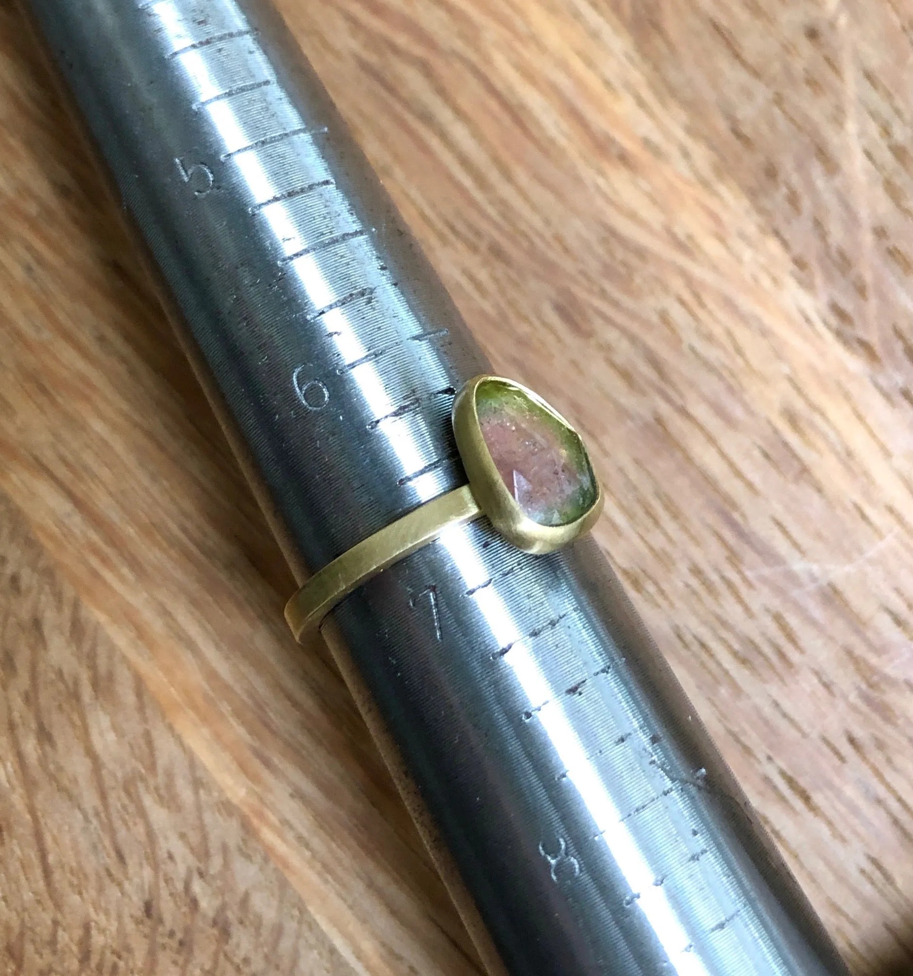 Rose Cut Brazilian Watermelon Tourmaline Set Ring in Solid 18k Yellow Gold