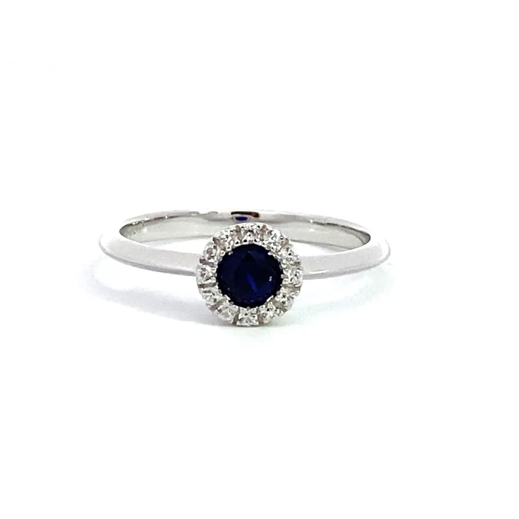 September Birthstone Ring: Sterling Silver Synthetic Sapphire Halo Ring