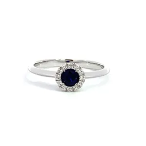 September Birthstone Ring: Sterling Silver Synthetic Sapphire Halo Ring
