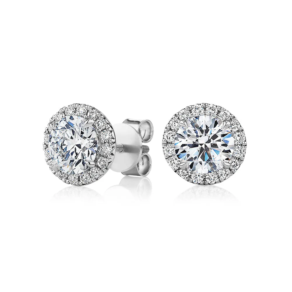 Signature Simulant Diamond 2.35 carat* TW round brilliant halo earrings in 14 carat white gold