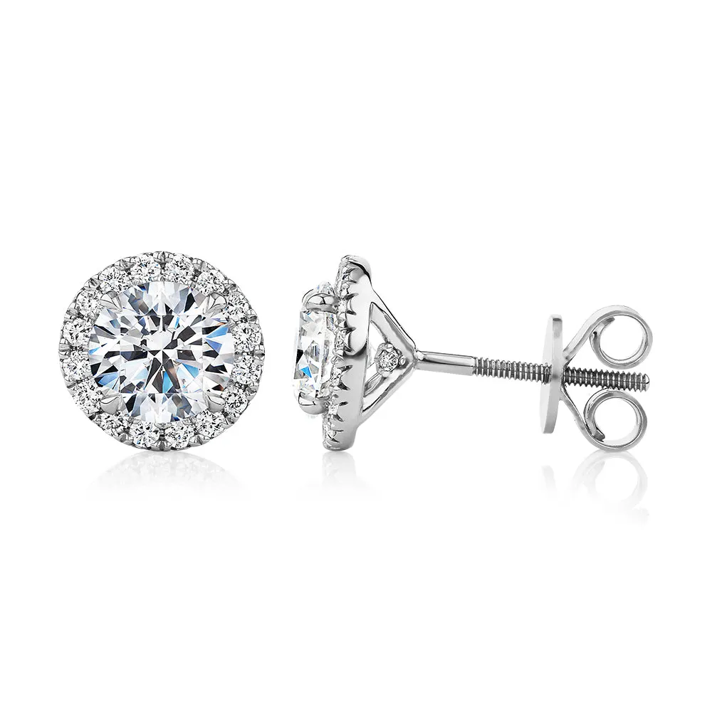 Signature Simulant Diamond 2.35 carat* TW round brilliant halo earrings in 14 carat white gold