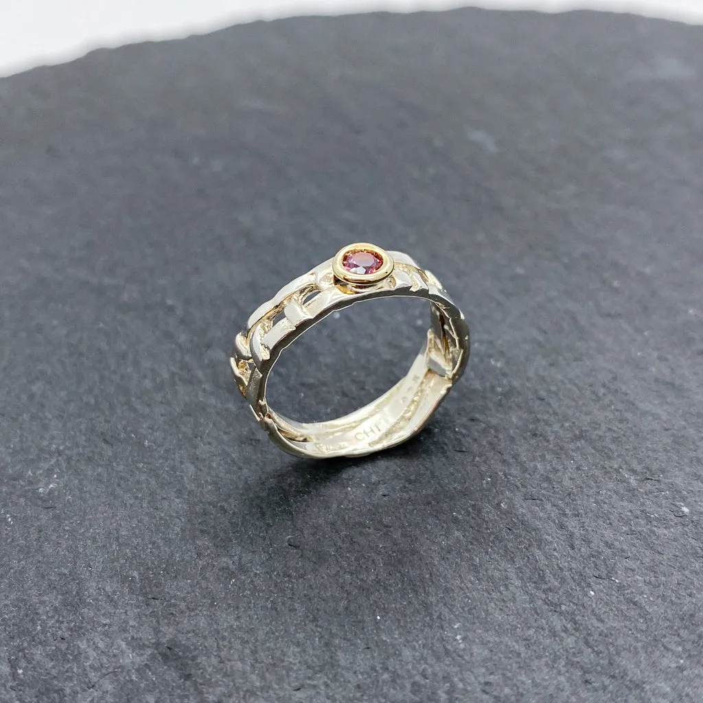 Skinny Woven Basket Pink Tourmaline Bezel Ring