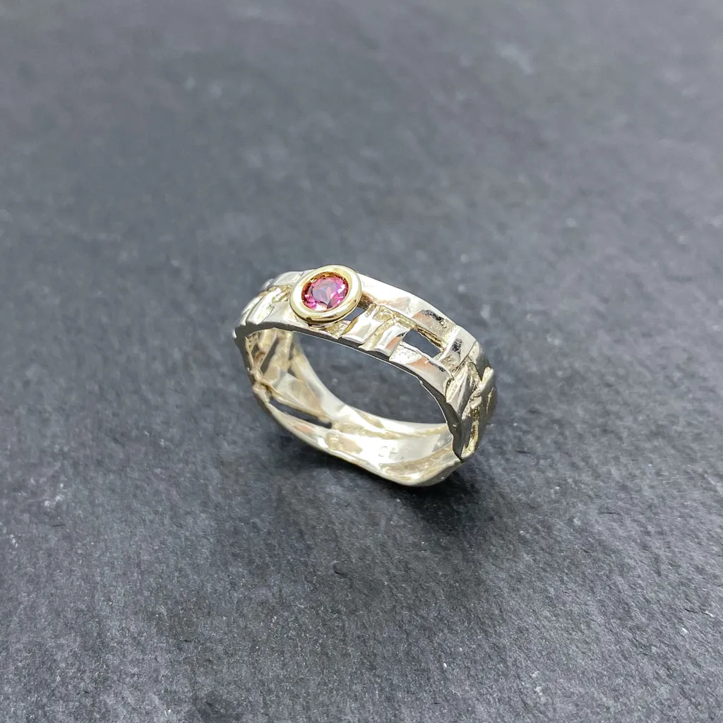 Skinny Woven Basket Pink Tourmaline Bezel Ring