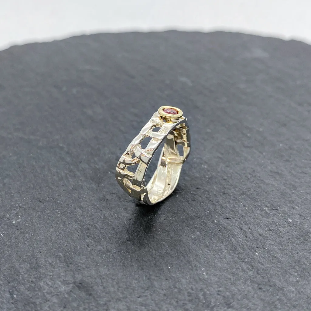 Skinny Woven Basket Pink Tourmaline Bezel Ring