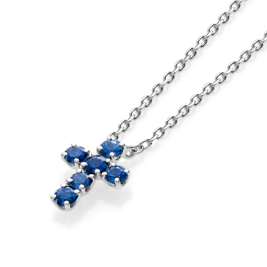 Small Blue Sapphire Cross Pendant White Gold
