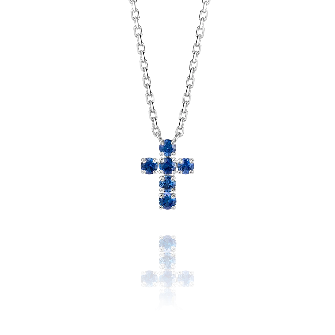 Small Blue Sapphire Cross Pendant White Gold