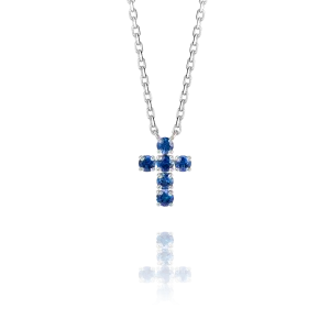 Small Blue Sapphire Cross Pendant White Gold