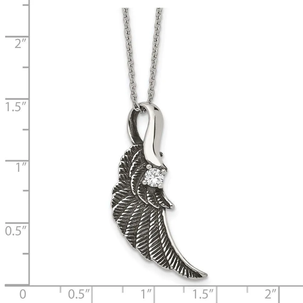 Stainless Steel Antiqued and Polished with Crystal Wing Necklace