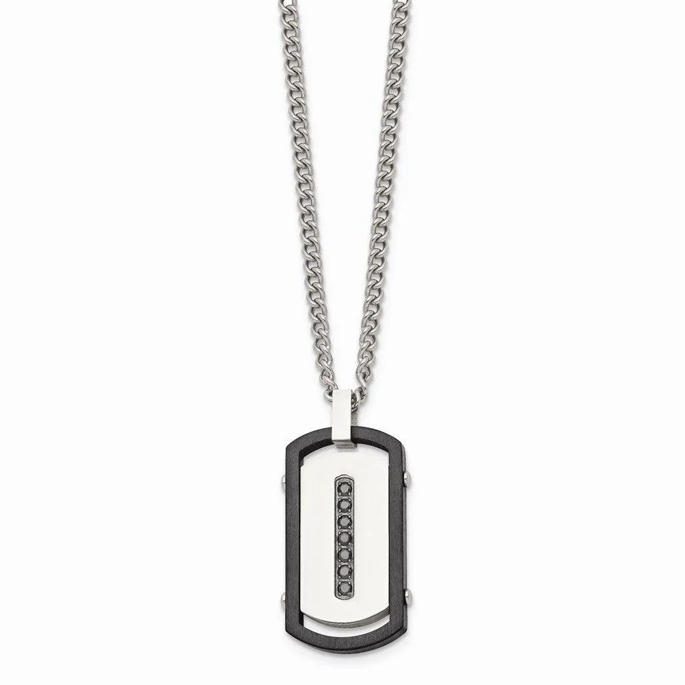 Stainless Steel Brushed/Polished Black IP Rim Black CZ Tag Necklace