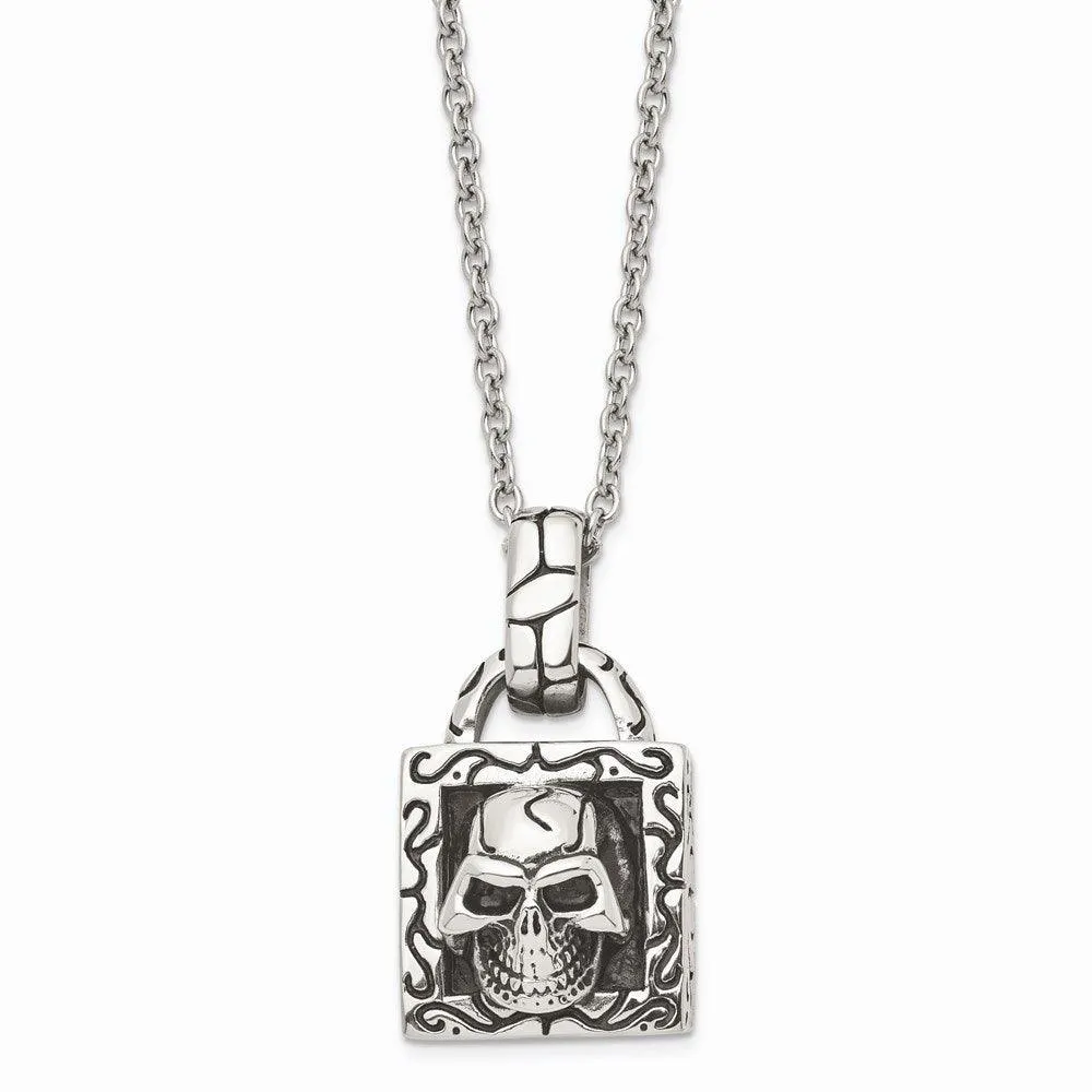 Stainless Steel Polished and Antiqued Skull Necklace
