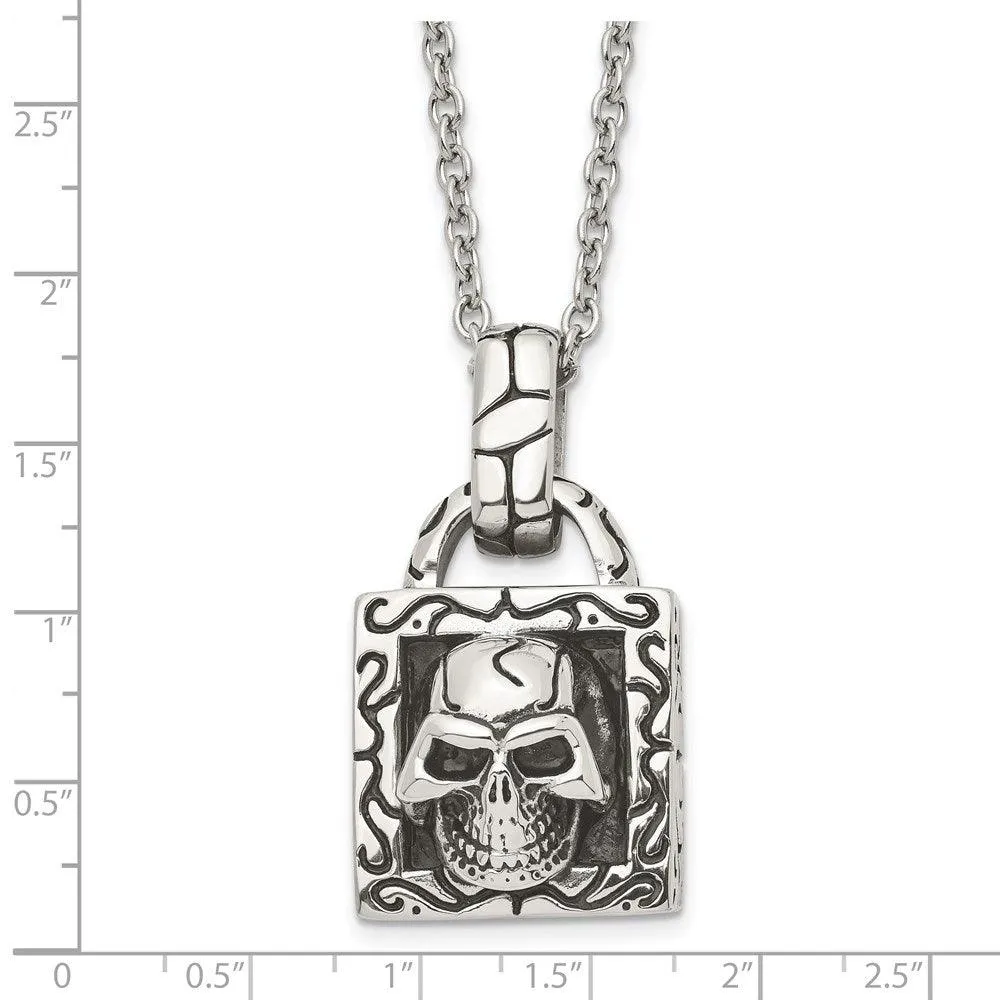 Stainless Steel Polished and Antiqued Skull Necklace