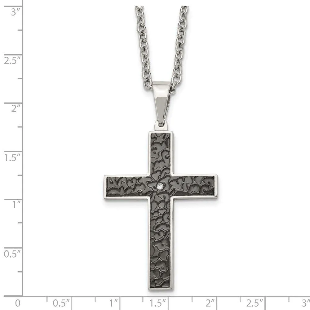 Stainless Steel Polished Black IP Textured CZ Cross Necklace