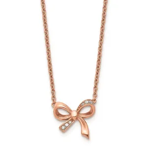 Stainless Steel Polished Pink IP plated CZ Bow with 1.75in ext. Necklace