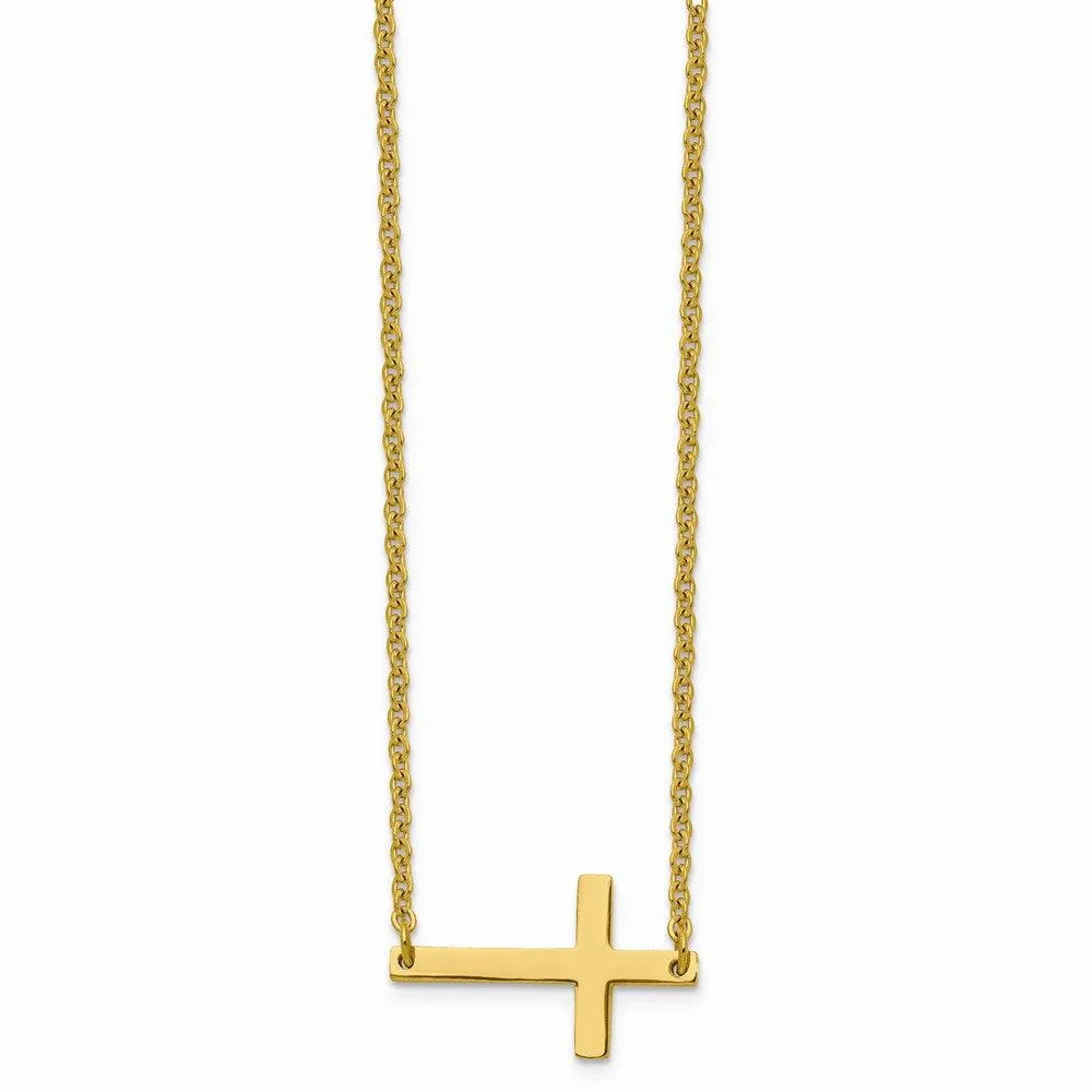 Stainless Steel Yellow IP-plated Sideways Cross 18in Necklace