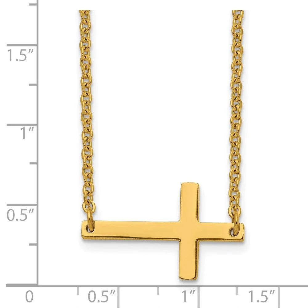 Stainless Steel Yellow IP-plated Sideways Cross 18in Necklace