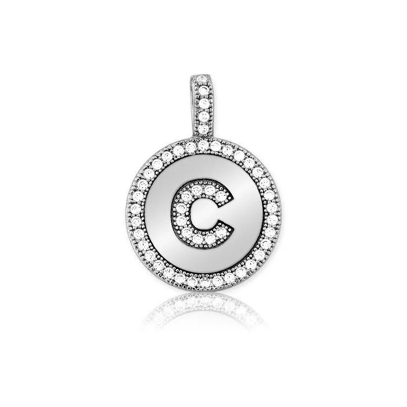 Sterling Silver Micro Pave Circle "C" Pendant with Chain