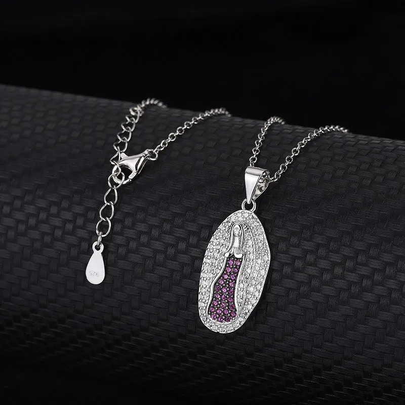 Sterling Silver Pink Colored Diamonds Virgin Mary Virgencita Necklace