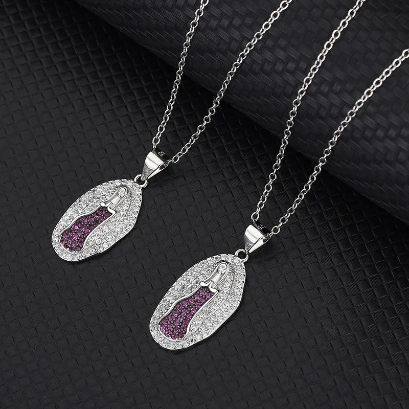 Sterling Silver Pink Colored Diamonds Virgin Mary Virgencita Necklace