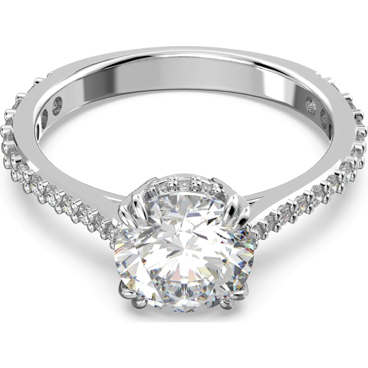 Swarovski Constella Rhodium Plated White Crystal Pave Cocktail Ring - Size 52