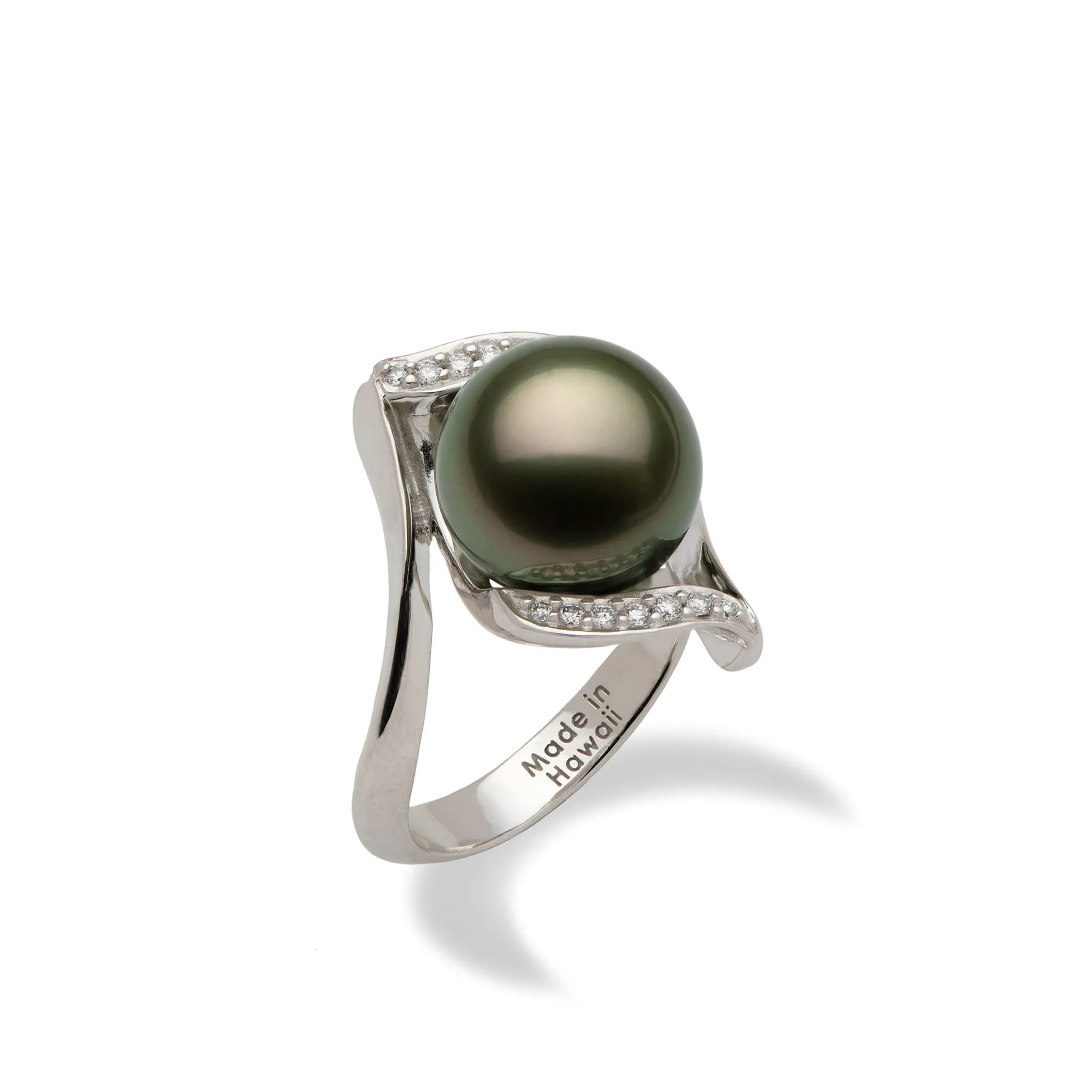 Tahitian Black Pearl Ring in White Gold with Diamonds - 11-12mm