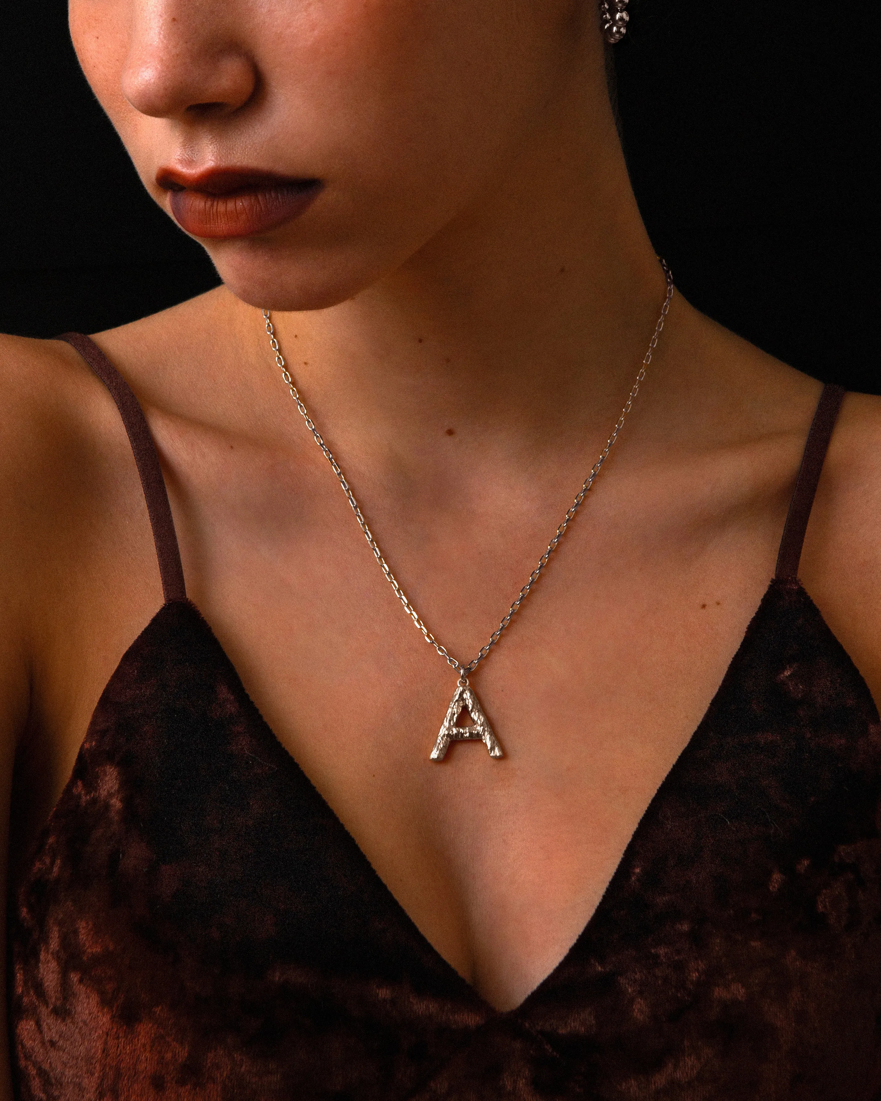 Textured Initial Letter Necklace in Silver