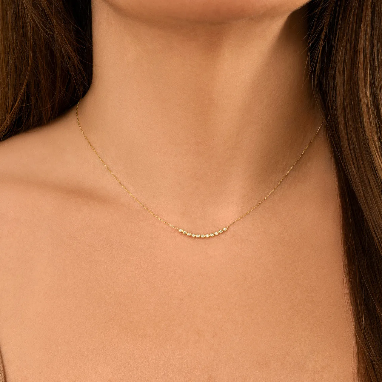 Tiny Bezel Set Diamond Curved Bar Necklace