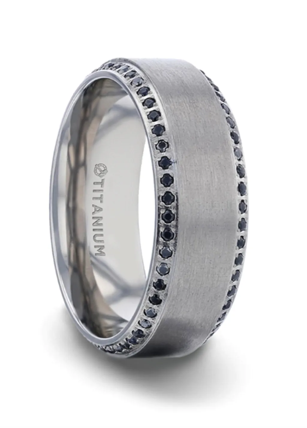 Titanium ??Champion?? 8mm Flat Brushed Center Black Sapphire Wedding Band