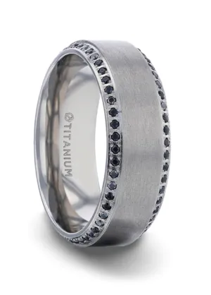 Titanium ??Champion?? 8mm Flat Brushed Center Black Sapphire Wedding Band