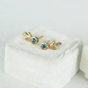 Triple Leaf Gold Earrings with Blue Sapphires