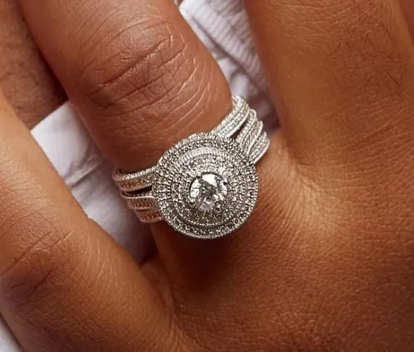 Zack Triple Halo Round Cut 3-piece Natural Diamond Bride Set in 18k Gold